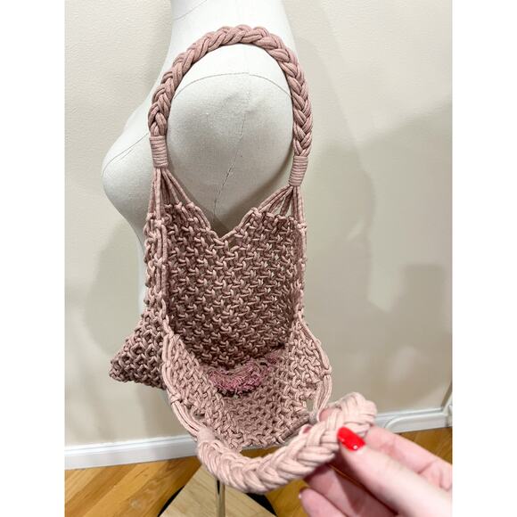 Womens Boho Braided Mini Shoulder Bag Mauve Blush Pink Valentines Beach Macramé - Picture 3 of 4